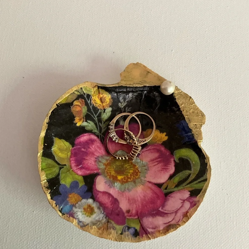 Jewelry Dish Clam Shell Hand Painted Gold Leaf